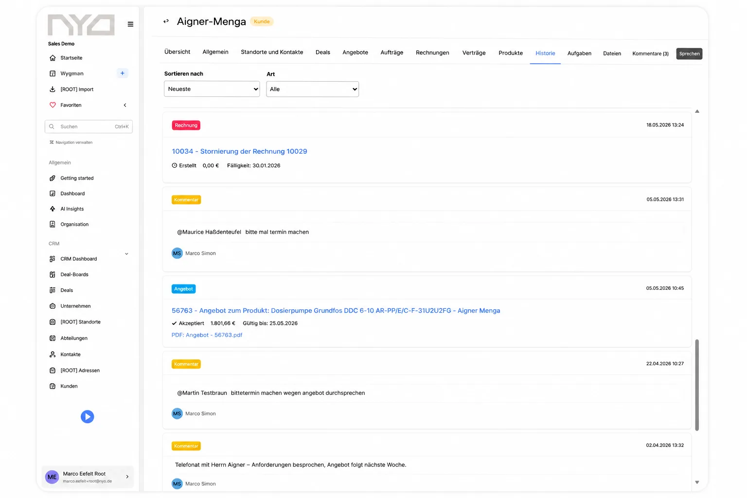 NYO CRM Kundenhistorie mit chronologischem Aktivitätsverlauf