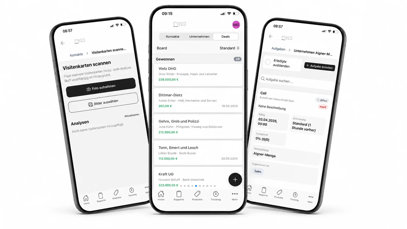 NYO Mobile App mit Deals, Kontaktdetails und Visitenkartenscan