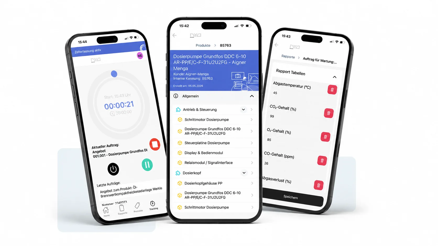 NYO Service-App mit Produktdetails, Rapport-Erfassung und Zeiterfassung