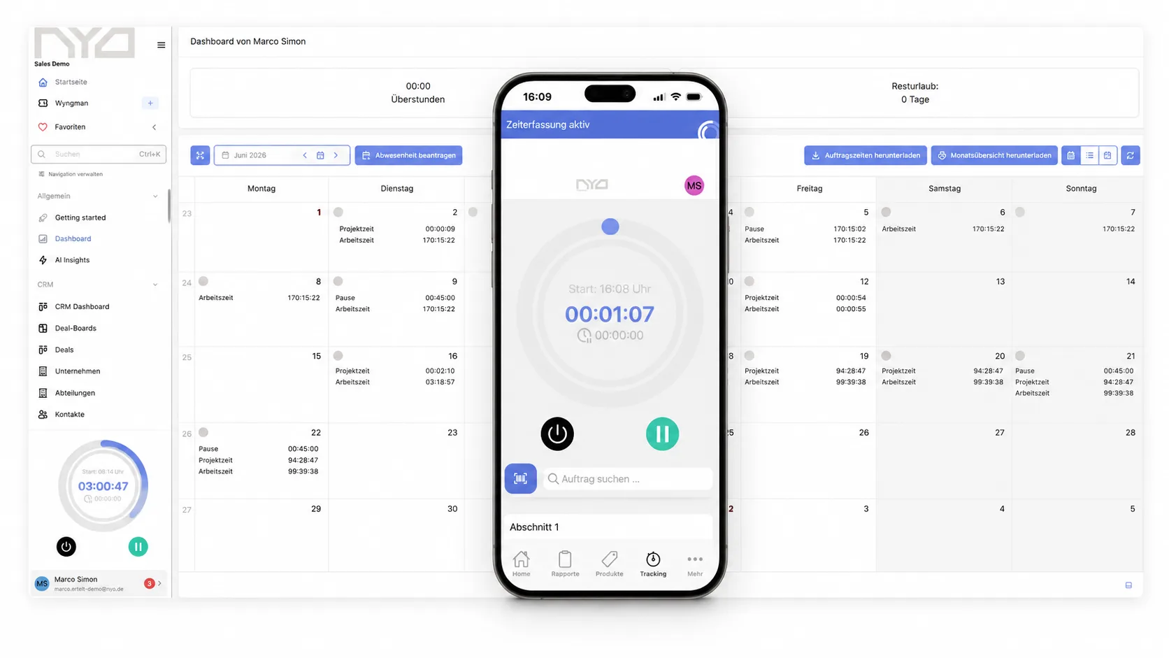 NYO mobile App mit laufender Zeiterfassung und Auftragszuordnung